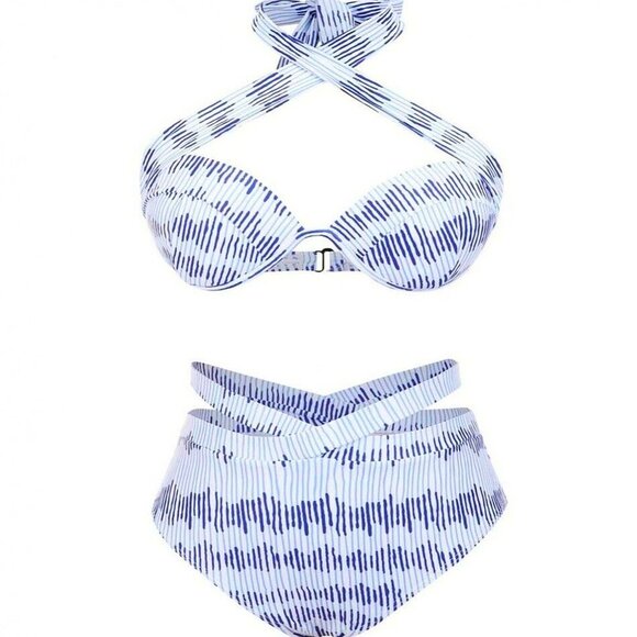 Premium 2-PC Swimsuit Multi-wear Halter Top High Waist Patterned Design Bikini - Picture 8 of 10